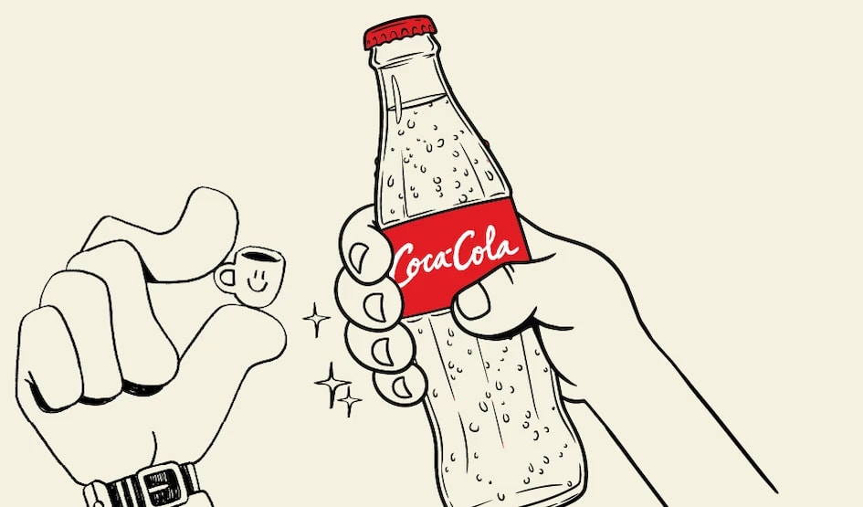 Illustration: a hand holding an espresso cup and a hand holding a bottle of Coca-Cola